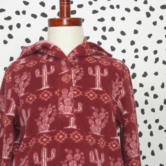 Wrangler Red Southwest Cactus Print Hooded Girls Fleece Pullover - Picture 2 of 7